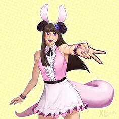 A client's (Mightfo) sona: A humanoid chimera. Jovially standing, while extending their arm, with a sideways peace sign.